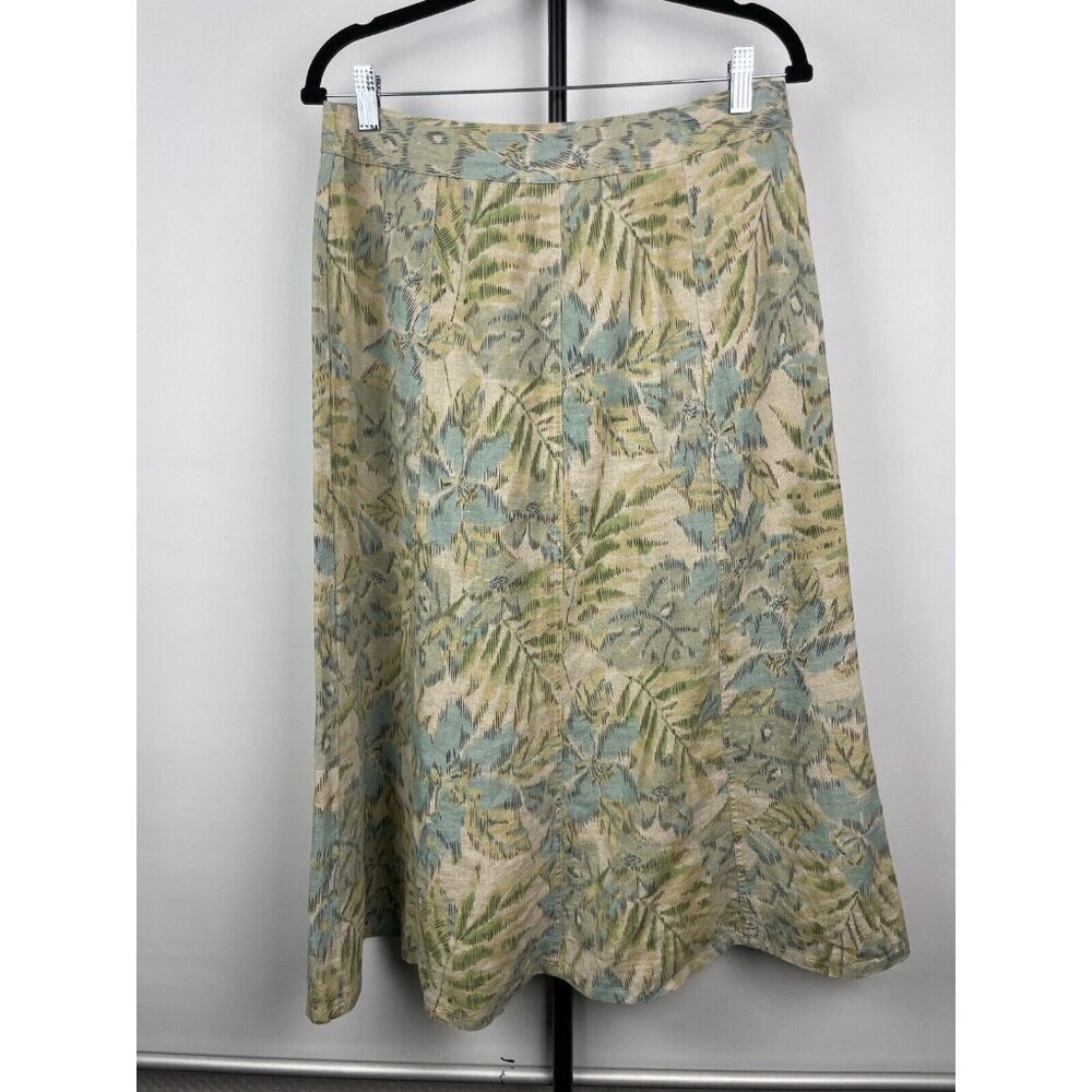 Charter Club Tan Green Blue Tropical Floral Artsy Lined 100% Linen Skirt Size 8P